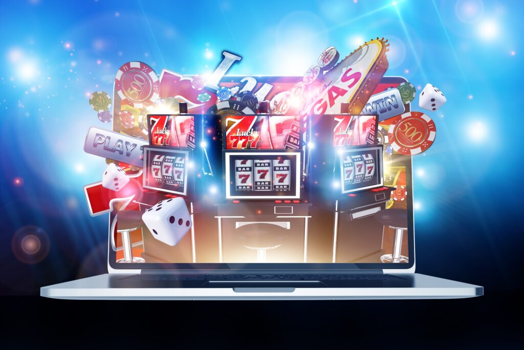 Online Casino Gambling Concept 3D Render Illustration. Las Vegas Casino Games on the Internet. Laptop Computer Concept.