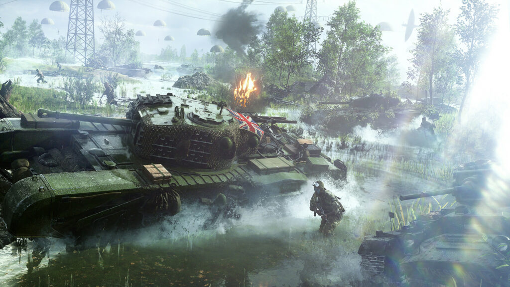 Ein Screenshot zu Battlefield V, dem letzten Battlefield-Spiel. Zu sehen sind zwei britische Panzer und einige Soldaten in einer Furt.