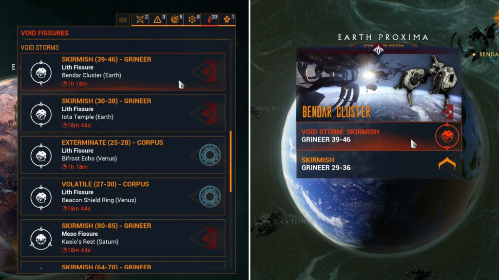 Zu sehen ist der Void Fissures-Tab auf dem Orbiter in Warframe beziehungsweise der neue Void Storms Unterbereich im Void Fissures-Tab, der veschiedene Void Storm-Missionen auflistet.