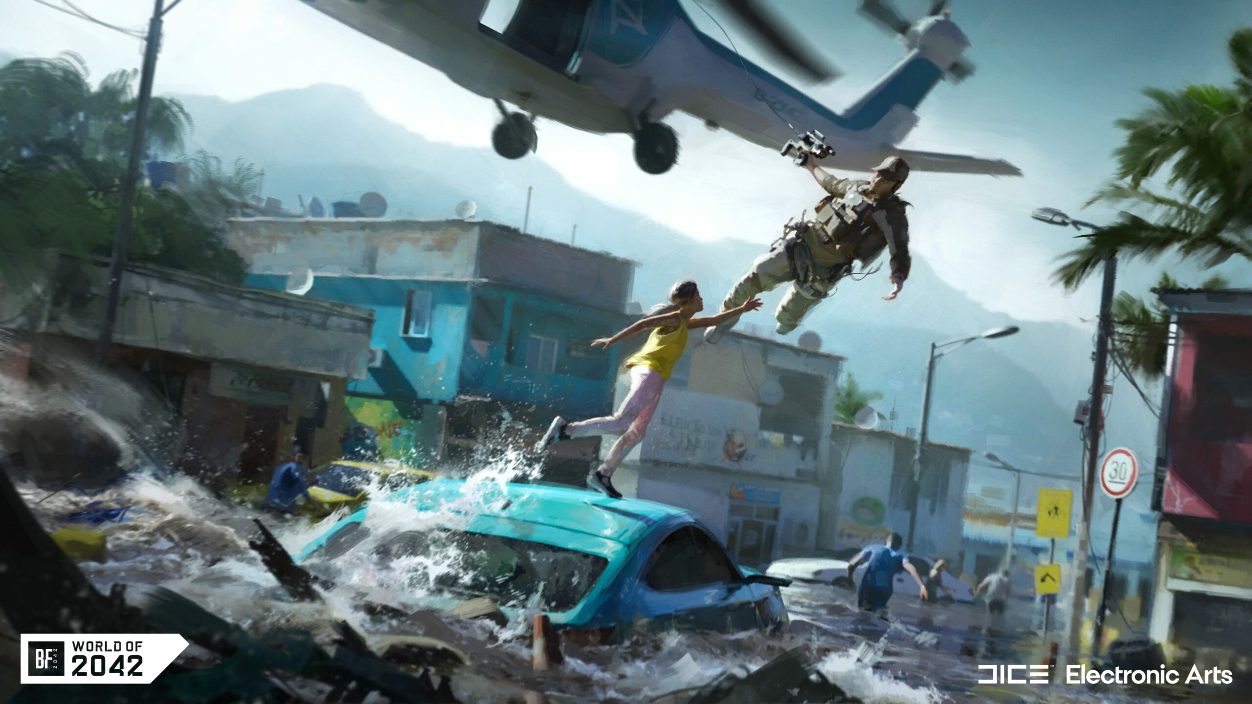 Die Konzeptgrafik zeigt den Soldaten Mckay aus Battlefield 2042, wie er mit seinem Greifhaken an einem vorbeifliegenden Helikopter hängt und dabei ist eine junge Frau von dem Dach eines Autos zu retten, das droht von einer Flutwelle mitgerissen zu werden.